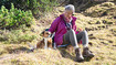 A woman sits on a meadow. She is wearing Juzo Dynamic compression tights. A dog is sitting next to her.