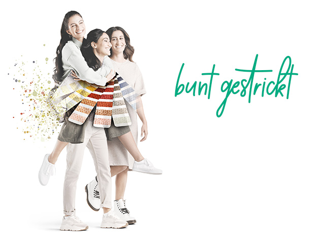 Bunt gestrickt Drei Frauen haben zusammen Spaß. Ihr Bild ist dabei von einer Farbplatette überlagert. Bunt gestrickt