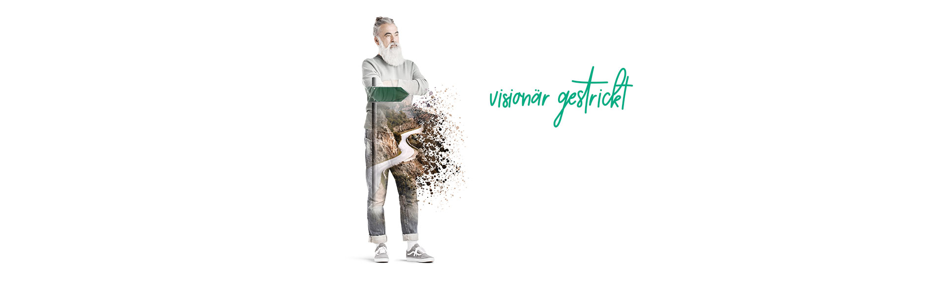 Mann schaut gespannt in Richtung Zukunft. Daneben der Schriftzug "visionär gestrickt"