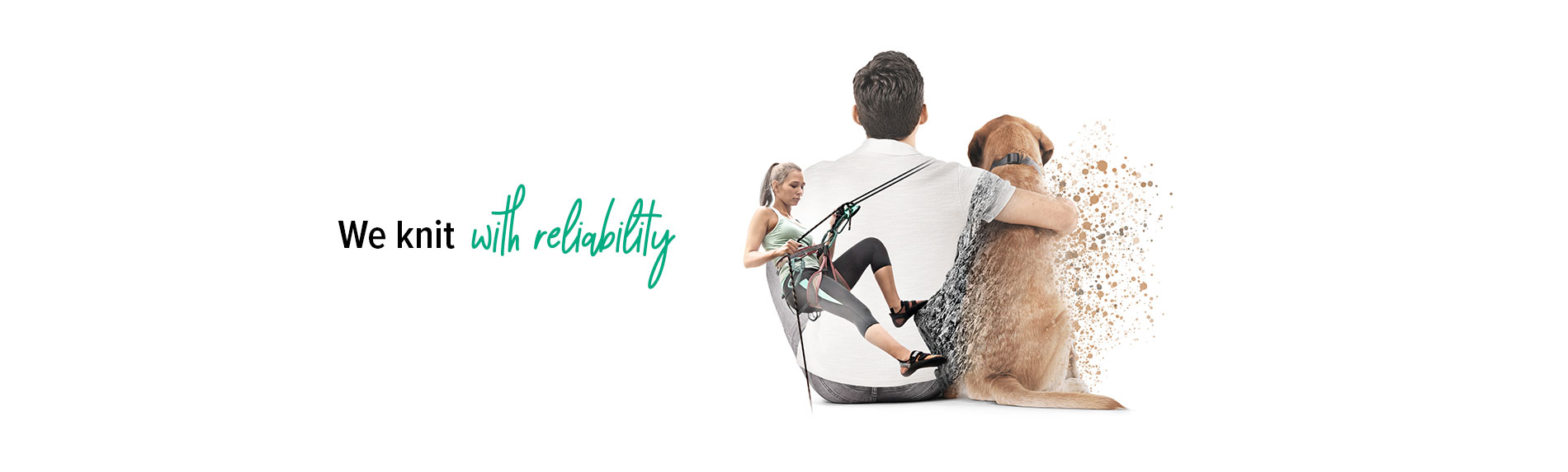 We knit with reliability Man with his dog. The lettering "We knit with reliability" above it